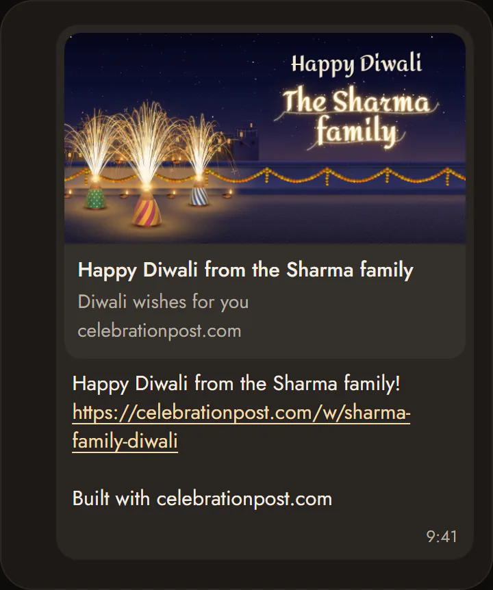 A chat message carrying a Diwali card's link, its preview showing the Anaar card with the Sharma family's name