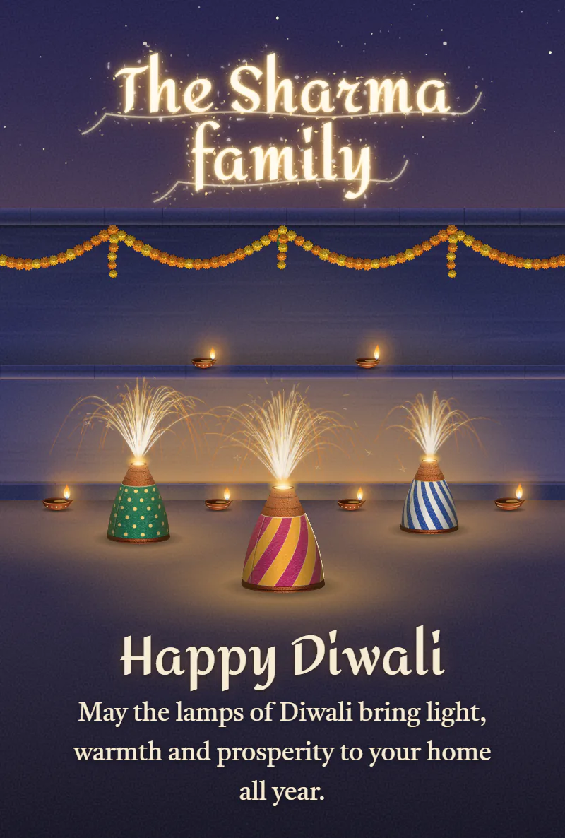 An Anaar Diwali card: three anaars lighting up a courtyard at night, and the name the Sharma family written in light above them