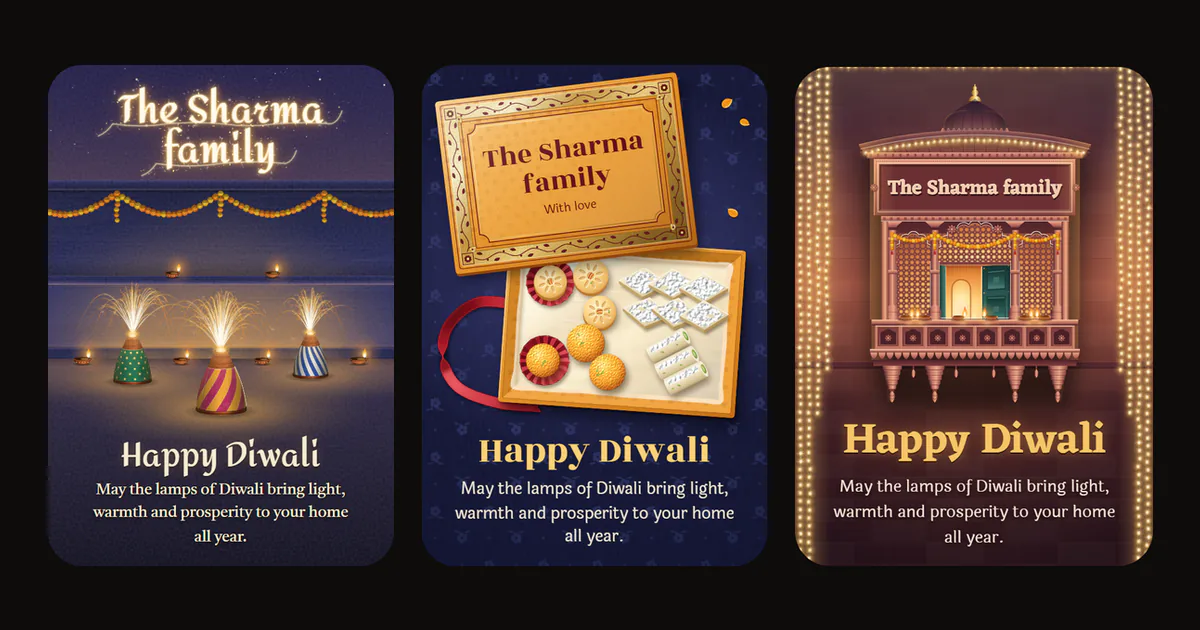 Three Diwali cards side by side, Anaar, Mithai and Jharokha, each with the Sharma family's name in its scene