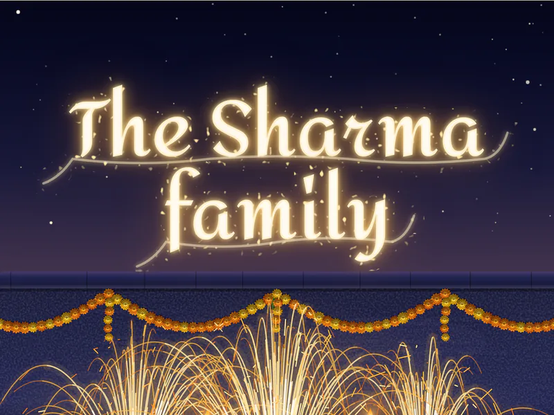 The name the Sharma family written in light above a courtyard, close up