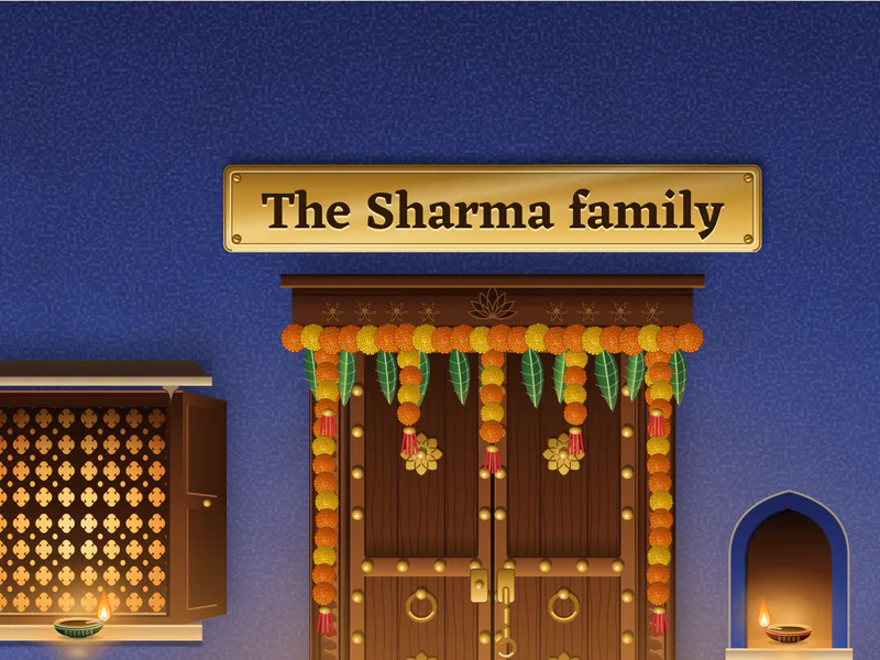 The name the Sharma family on the nameplate of a doorstep lit with diyas, close up