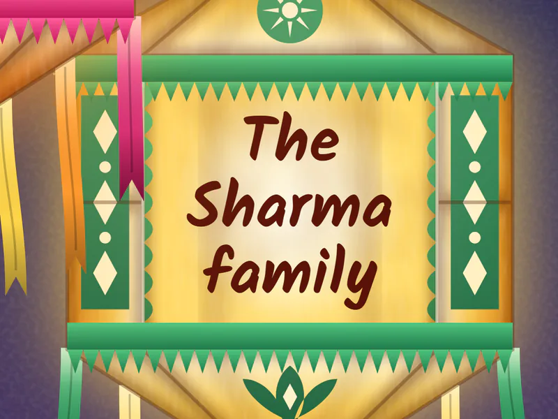 The name the Sharma family on a paper lantern at dusk, close up