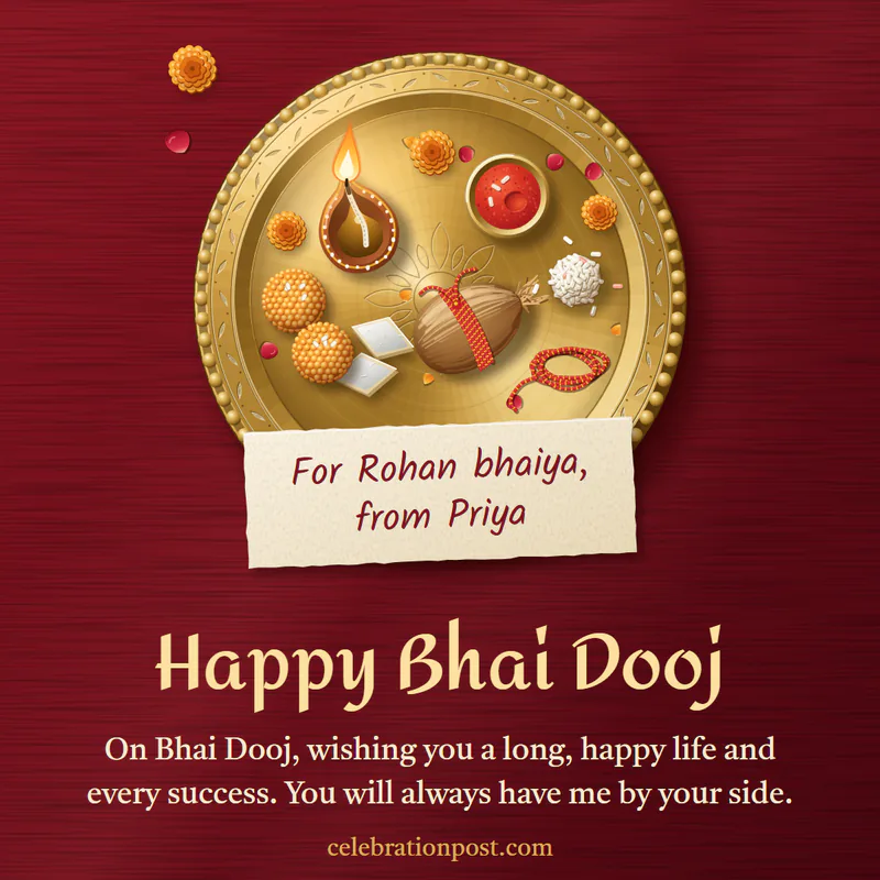 A Roli Bhai Dooj card: an aarti thali with roli, rice and a diya, and a small card for Rohan bhaiya from Priya