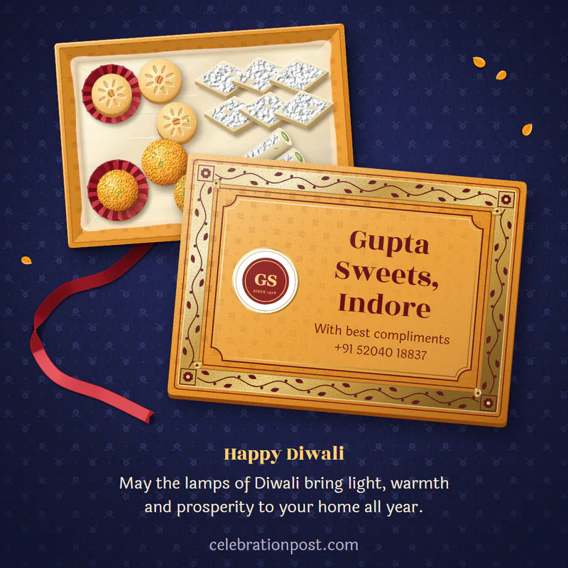 A Mithai Diwali card for a sweet shop: Gupta Sweets, Indore, with its logo and phone number on the lid of a box of sweets