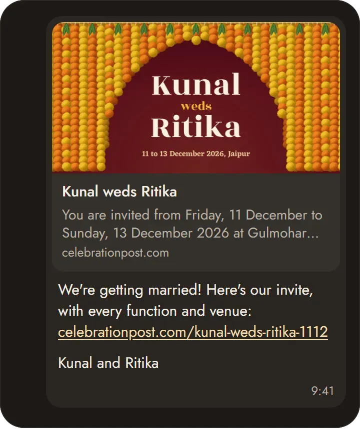 A chat message carrying the invite's link, its preview showing The Marigold Arch with Kunal weds Ritika, 11 to 13 December 2026, Jaipur