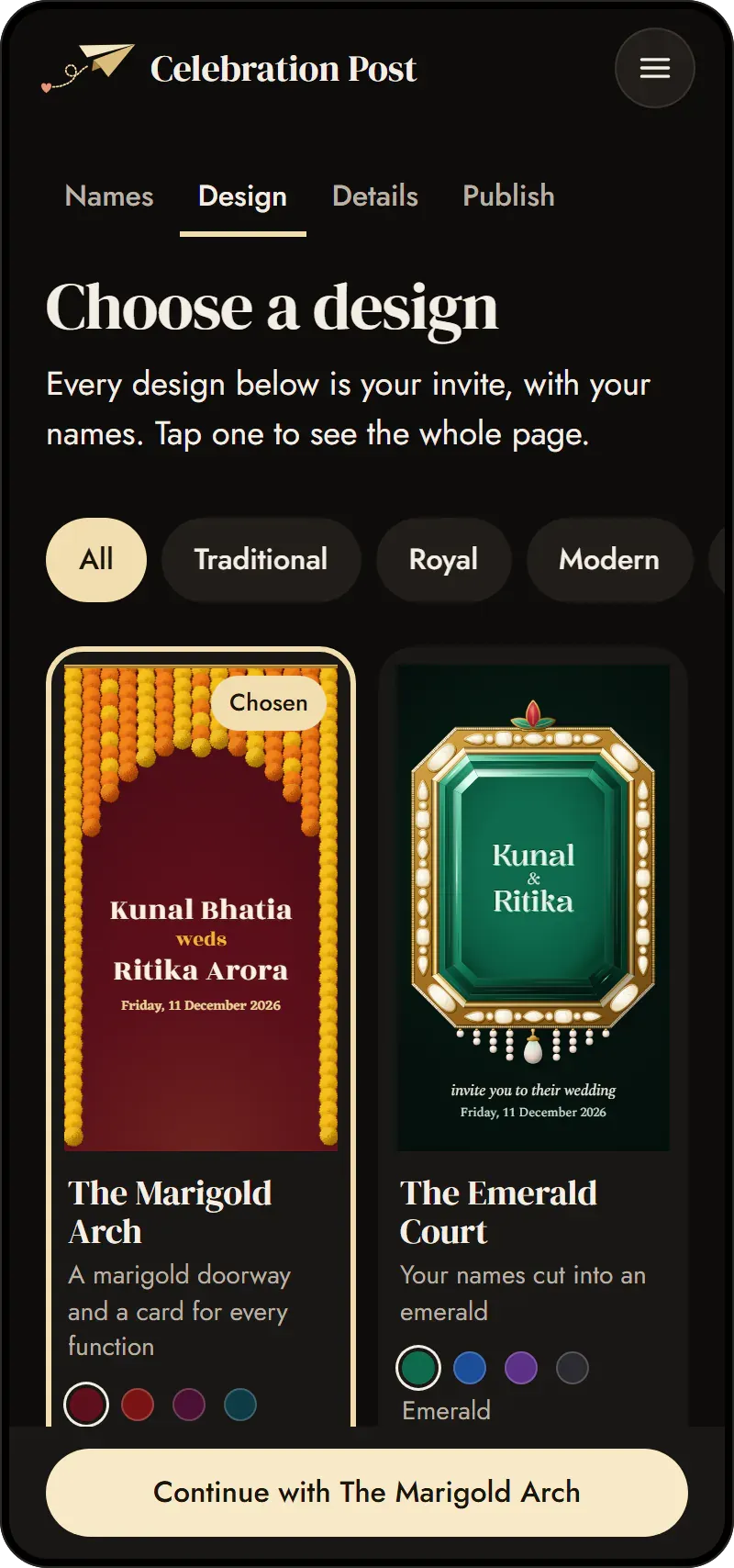 The create flow on a phone, at the design step: each design's cover drawn with Kunal and Ritika's names, The Marigold Arch chosen