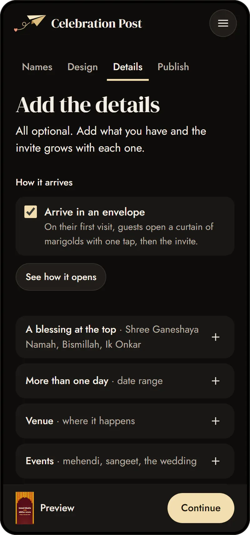 The create flow on a phone, at the details step: How it arrives, with Arrive in an envelope ticked and See how it opens, above the groups for the blessing, the days, the venue and the events