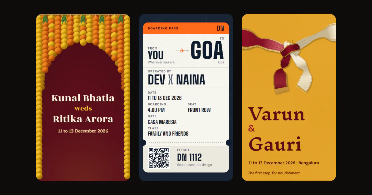 Three wedding invite covers side by side, The Marigold Arch, Boarding Call and Saptapadi, each with a couple's names