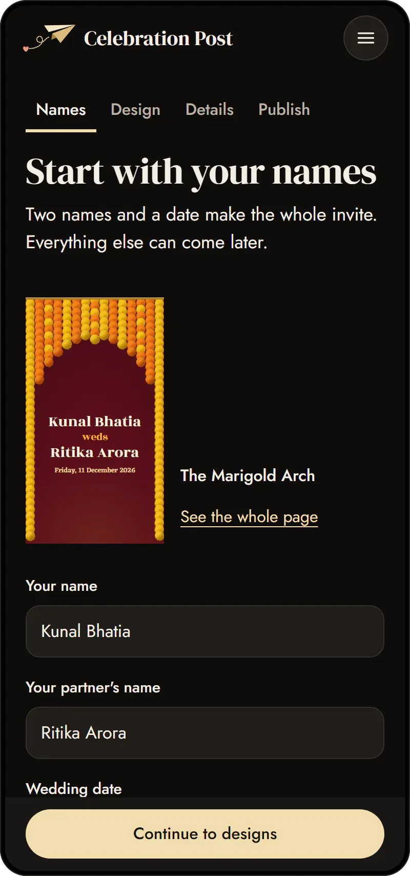 The create flow on a phone, at the names step: Kunal Bhatia and Ritika Arora typed with their date, and The Marigold Arch's cover drawn with them
