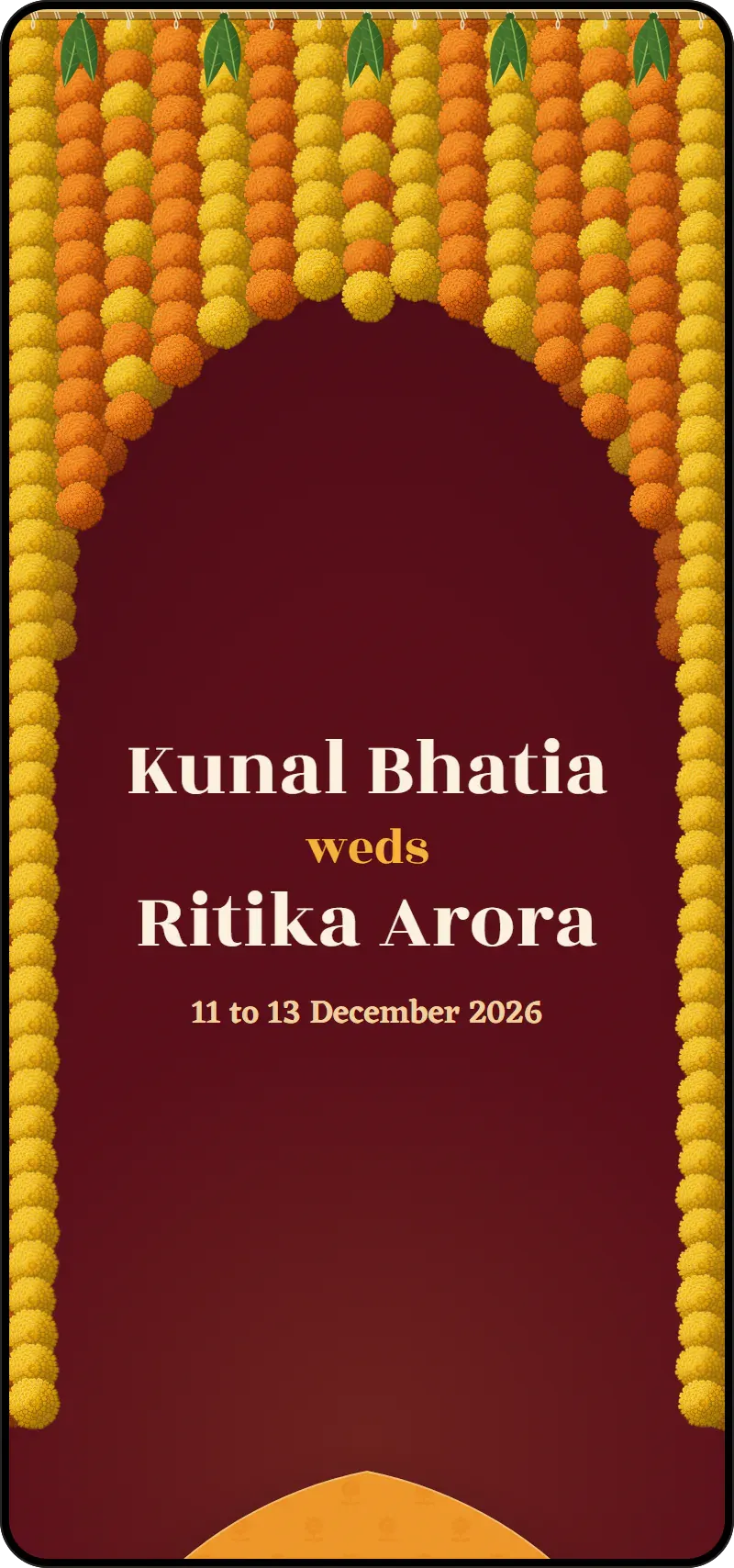 The same invite once opened: the strings drawn up into the arch, and Kunal Bhatia weds Ritika Arora beneath it